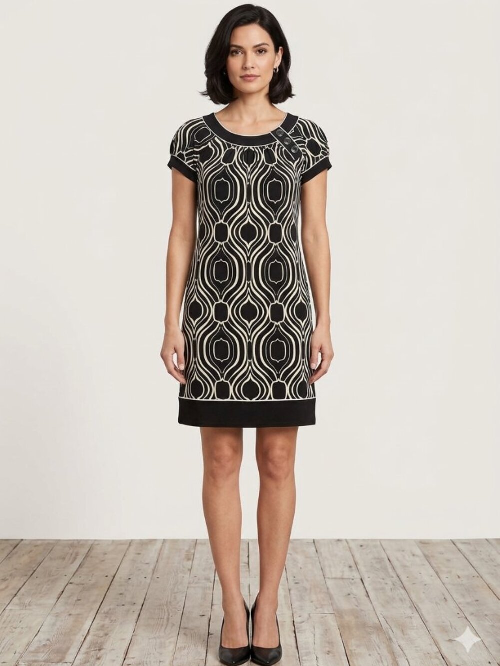 Womenʻs Intermission Black and Cream Geo Print Dress Size 8